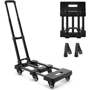 KEDSUM 600 LBS Folding Hand Truck with 6 Wheels(2 with Brake), Hand Truck Foldable with 2 Lashing Straps, Thickened Upgraded Steel Trolley Cart for Easy Moving, No-Assembly
