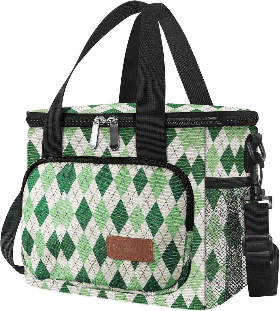 Femuar Lunch Bags for Women/Men, Insulated Lunch Bag for Work Office - Lunch Cooler Bag Leakproof Lunch Box with Adjustable Shoulder Strap - Green plaid (Medium Size)