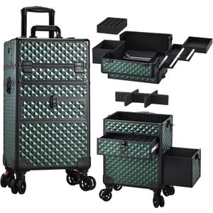 Joligrace Rolling Makeup Case with Drawers - Tattoo Storage Organizer Travel Cart for Nail Tech, Cosmetology, Barber Tools - Portable Suitcase on Wheels Dark Green
