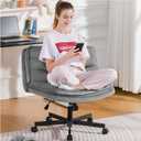 COMHOMA Cross Legged Office Chair with Wheels Armless-Office Desk Chair, Modern Vanity Computer Task Chairs for Home Bedroom, Comfortable Wide Seat for Lower Back Pain Relief, Soft Velvet, Gray