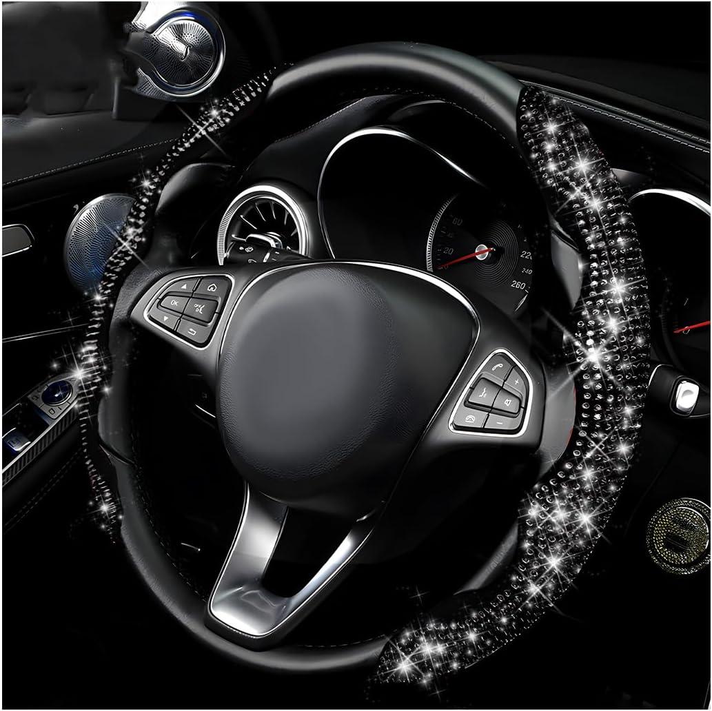Yourkar 2 PCS Steering Wheel Cover, 15 Inches Crystal Diamond Bling Cover for Auto Steering Wheels, Safety Non-Slip Universal Fit Sparkly Steering Wheel Cover, Car Accessories (Black)