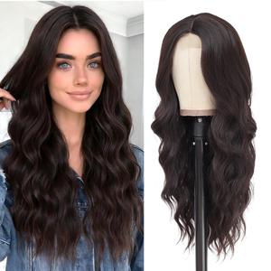 HMHIFI Long Dark Brown Wig for Women 26Inch Wavy Curly Chocolate Brown Brunette Wigs Synthetic Heat Resistant Hair Replacement Wig for Daily Party Use