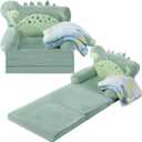Dinosaur Kids Couch Fold Out 2-in-1 Toddler Sofa Fold Out with Blanket, Soft Toddler Chair Comfy for Boys Girls Baby, Convertible Sofa to Lounger for Napping Reading Playing Christmas, Green