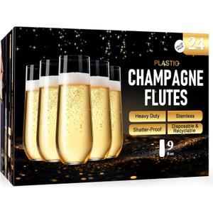 Guanqiao 24 Pack Stemless Plastic Champagne Flutes, 9 oz Clear Disposable Plastic Glasses, Heavy Duty Shatterproof Recyclable Mimosa Glasses for Party Wine Tasting Wedding New Years Eve Party Supplies