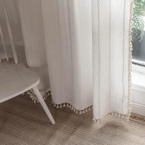 Colorigan Boho Semi Blackout 63 84 96 Inches Length 2 Panels Set Farmhouse Window Curtains with Tassels, Striped Embroidered Rustic Cotton Linen Long Bohemian Curtain Drapes for Living Room, Bedroom (White Ivory)