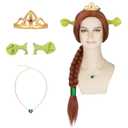 Yan Dream Princess Long Auburn Braided Wig with Crown Necklace and Green Ears Women Cosplay Party Wig (Big Head)