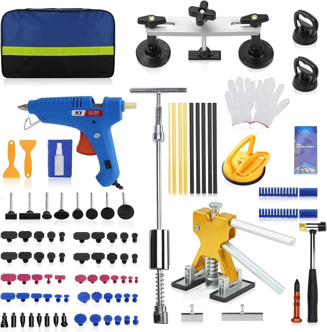 100 PCS Car Dent Puller Kit Professional,Dent Puller with Bridge Puller,Golden Lifter,2-in-1 T-Shaped Hammer Puller,Glue Gun,for Repairing Minor and Deep Dents in Auto. (Blue)