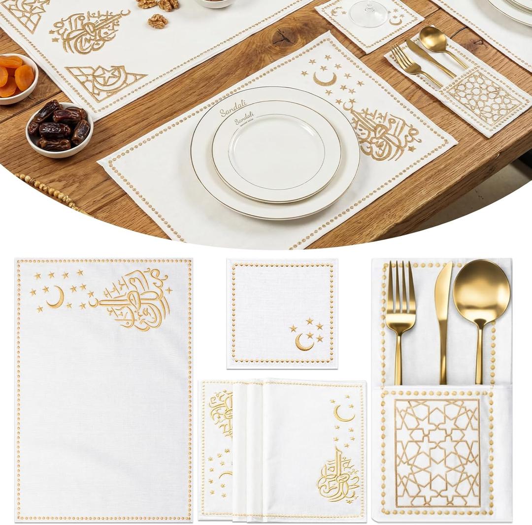 Yungyan Ramadan Table Decor Set of 6, 19 Pcs Islamic Embroidery Linen Placemats with Table Runner, Placemats, Coasters, Cutlery Holders for Eid Mubarak Dinner Home Kitchen Decor Muslim Gift