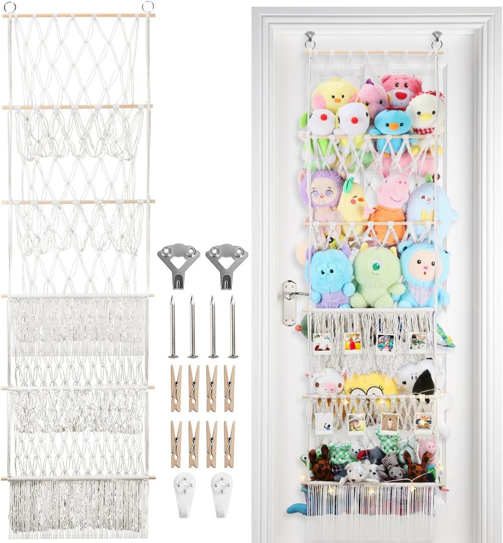 5 Tier Stuffed Animal Storage Shelf Net, 17x61 Inch Large Plushie Net w/LED Light & Clips for Mini Medium Stuffy Teddy, Beige Boho Macrame Wall Toy Holder Display for Nursery Kids Girls Boys