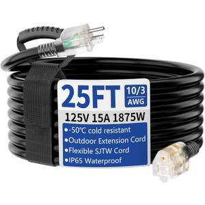 25ft Outdoor/Indoor Extension Cord with Lighted 10/3 Gauge Ultra 3 Prong Heavy Duty SJTW, Waterproof, Flexible Cold-Resistant,15A 125V 1875W, Black