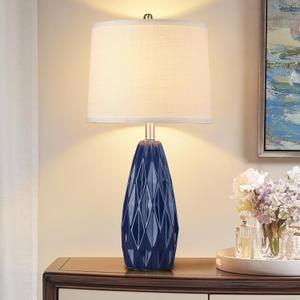 25'' Geometric Navy Blue Table Lamp - Modern Ceramic, 3-Way Dimmable for Bedroom, Living Room
