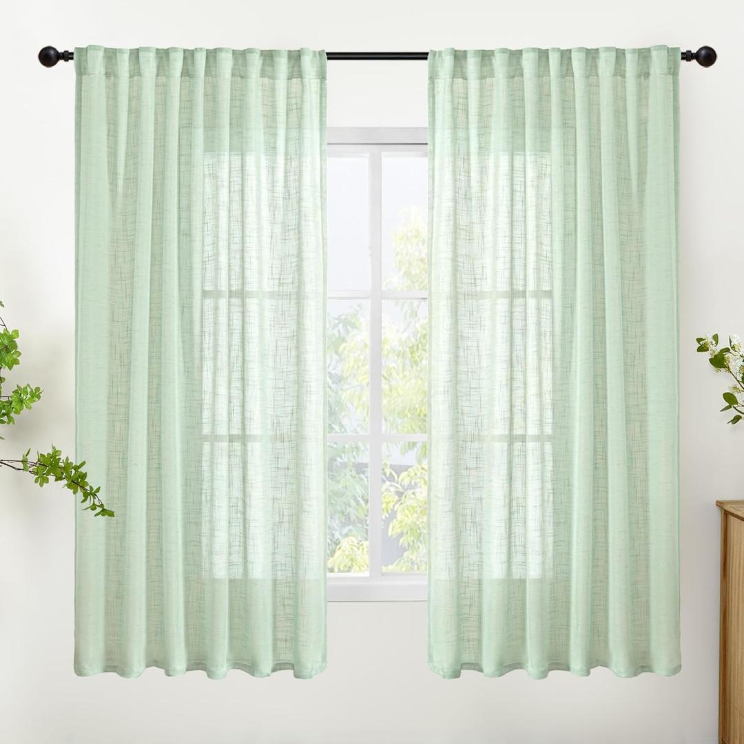 YoungsTex Sage Green Linen Semi Sheer Curtains 63 Inch Length for Living Room, Rustic Light Filtering Window Drapes Boho Textured with Rod Pocket Back Tab for Bedroom, 2 Panels, 52 X 63 Inch