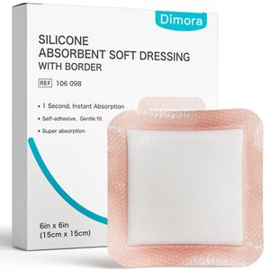 Dimora Silicone Super Absorbent Wound Dressings - Gentle Adhesive Bandages with Ultrasorb Polymer, Heavy Exudate Wound Care Pads 6" X 6" 10 Packs