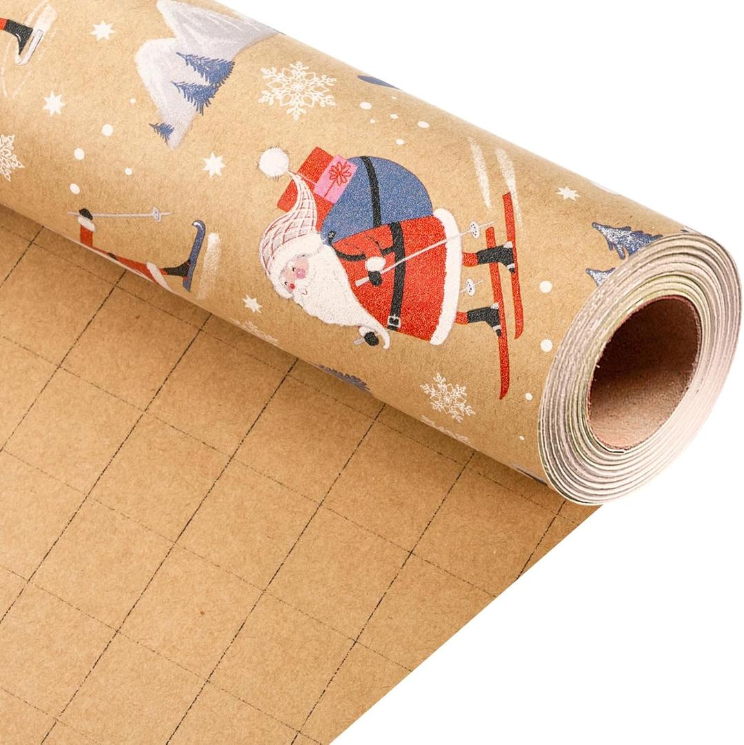 Homeral Kraft Christmas Wrapping Paper Roll - Skating Santa, Snowflakes and Trees Gift Wrap for Kids Christmas, New Year Celebration - Mini Roll - 17 Inch x 33 Feet