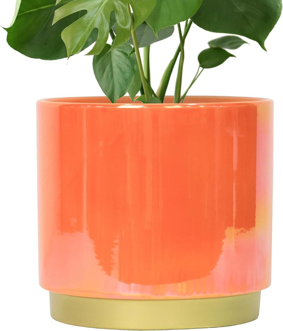 Gepege Peach Indoor Plant Pots for Plants, Large Ceramic Planter with Drainage Hole, 9.6-inch Succulent Orchid Flower Pot - Rainbow Pearl Glaze