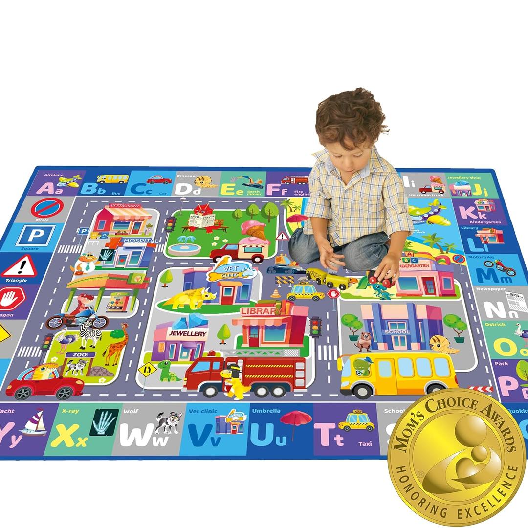 QUOKKA ABC Floor Play Mat  Extra Thick 0.3 in Non-Slip Padded Nursery Rug with City Design for Babies Toddlers & Kids  Super Soft Plush Mat for Playroom - Foldable Gift for Boys and Girls (5' x 6'7" (Rectangular))