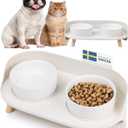 MalsiPree Elevated Ceramic Dog & Cat Bowls Set, Raised Stand for Small Dogs & All Sized Cats, Sand Beige with Splash Guard - Pet Bowls (Medium)