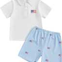 4th of July Baby Boy Outfit Toddler USA Flag Polo Shirts Gingham Plaid/Stripes Shorts Set Independence Day Clothes, Size:120