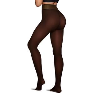 OEAK Womens Fleece Lined Tights Sheer Fake Translucent Pantyhose Thermal Tights High Waisted Footed Leggings Brown S/M 220g