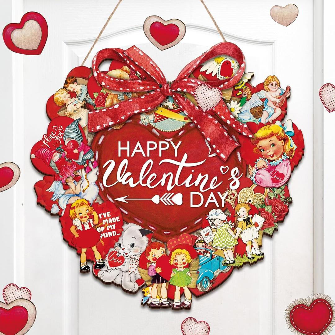 Yerliker Valentine's Day Door Sign Wooden Heart Hanging Wreaths Sign Front Decor Red Heart Welcome Door Hanger Decoration for Valentine's Day Wedding Living Room Wall Decor(Bow)