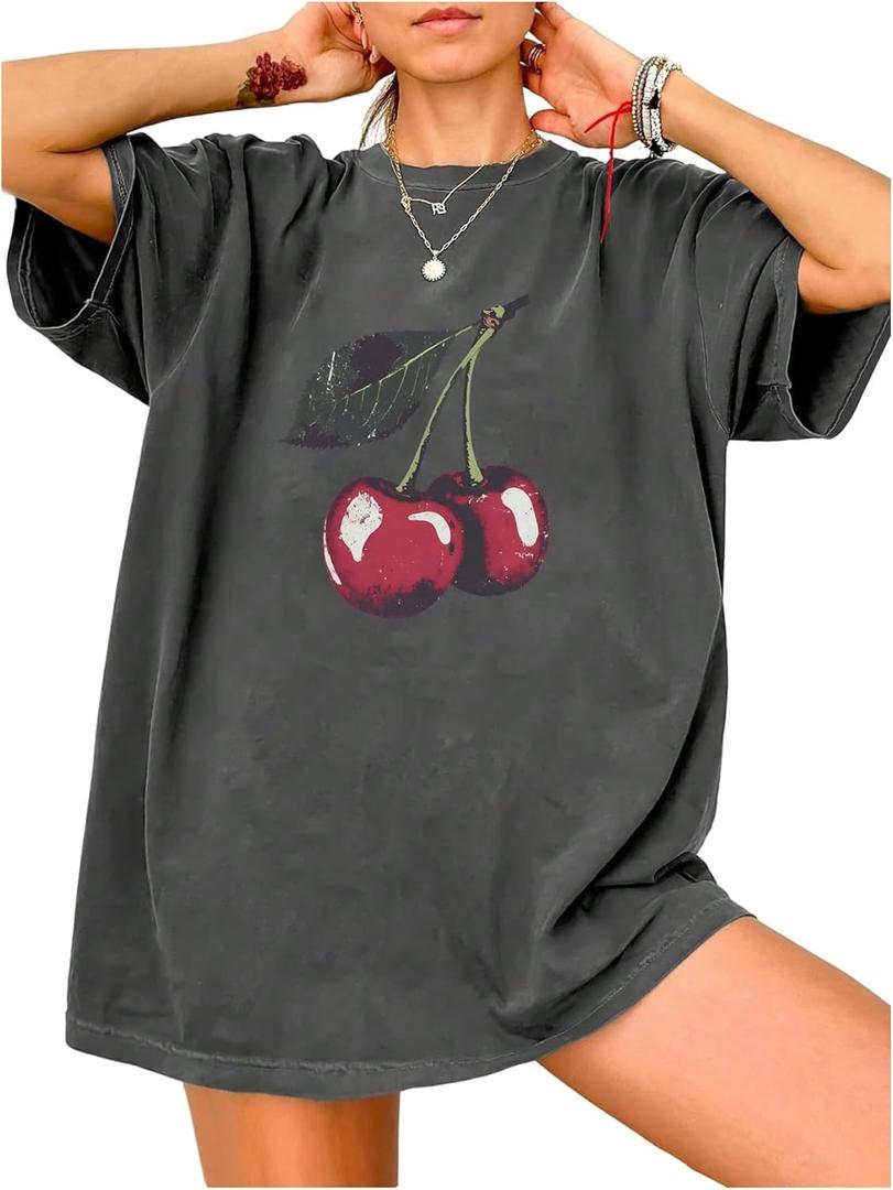 Women's Cherry Graphic Tees Top Crewneck Short Sleeve Baggy T Shirt (Medium, Dark Grey)