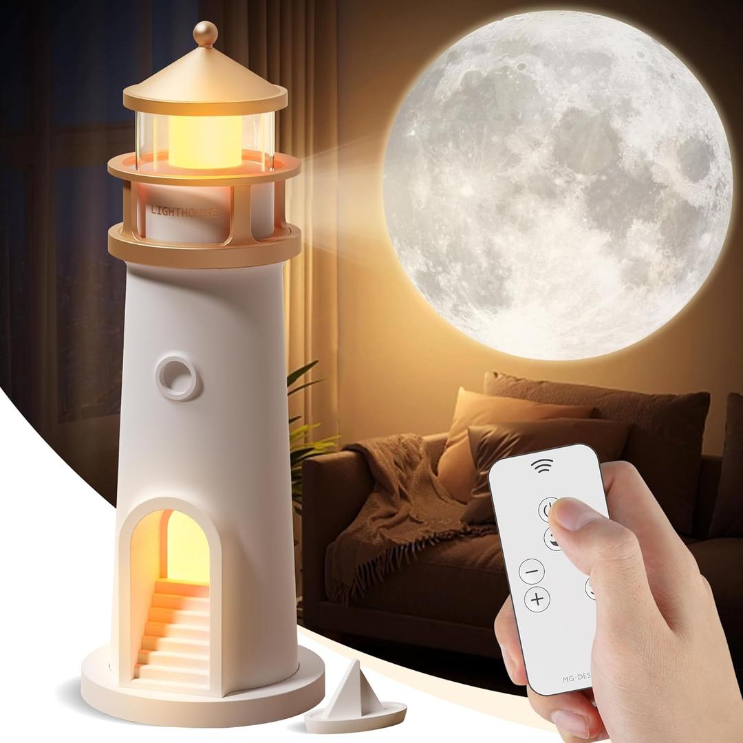 Moon Lamp Projector Night Light,Lighthouse Lamp Decor Night Light for Kids,Moon Light Galaxy Projector Rechargeable LED Aesthetic Table Lamp Christmas Birthday Gifts for Kids Boys Girl (White)