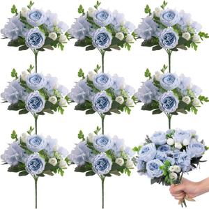 Yunsailing 8 Packs Artificial Peony Flowers Faux Silk Hydrangea Bouquet Vintage Wedding Home Table for Door Decor Reusable Bouquet of Rose Flowers for Valentine Wedding Birthday Party(Blue White)