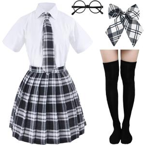 Japanese Tartan Pleated School Uniform Cosplay Costumes with Socks Eyeglass Frame Set (X-Large--Tag 3XL, Black)