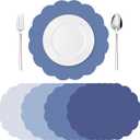 Tinlade 80 Pcs Grey Blue Paper Placemats 13.5 Inch Disposable Place Mats Decorative Round Scalloped Table Placemats for Wedding Banquet Bridal Birthday Party Supplies Dining Tableware Decor