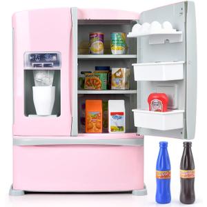 Refrigerator Toy Fridge with Ice Dispenser, Kids Pretend Play Kitchen Accessories with Toy Food Drink Bottles Milk Cans, Play Kitchen Appliances Set for Girls Age 3+, White
