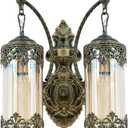 Rustic Wall Sconce with Amber Glass Vintage Antique Gothic Wall Light Fixture Retro Mid Centry Lantern Wall Sconce for Bedroom, Living Room, Mirror, Brush Gold