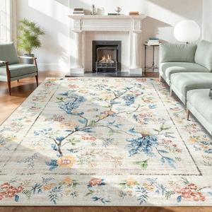 GarveeHome Beige Area Rugs 8x10 for Living Room, Floral Peacock Large Washable Rug Soft Non Slip Backing Floor Mat Carpet Indoor Thin Accent Rug for Bedroom Dining Room Playroom Nursery Home Decor