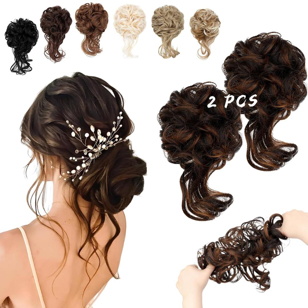 2PCS Messy Bun Hair Piece Tousled Updo with Tendrils Wavy Curly Hair Bun Scrunchies Ponytail Extension Elastic Band Hairpieces For Women (Dark Brown Mix Light Auburn)