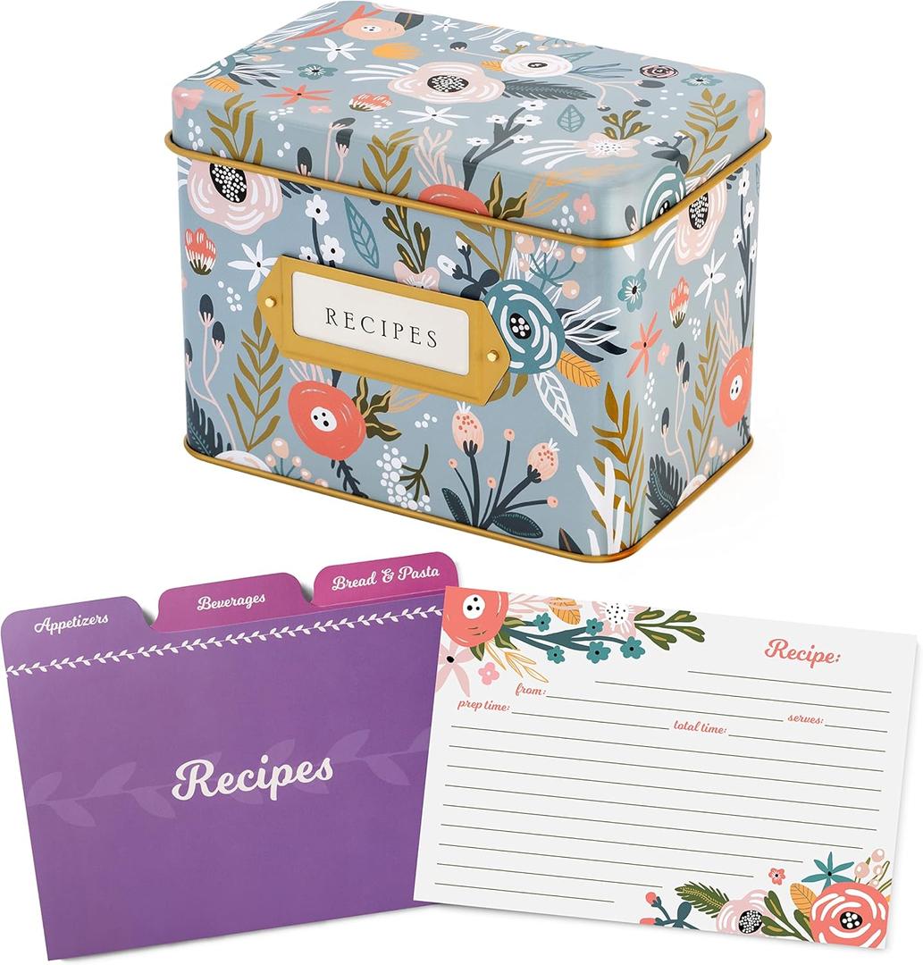 Jot & Mark Recipe Card Gift Box, Mother's Day 25 4x6 inch Cards Gifts, 14 Dividers, Decorative Tin Box - Recipe Tin