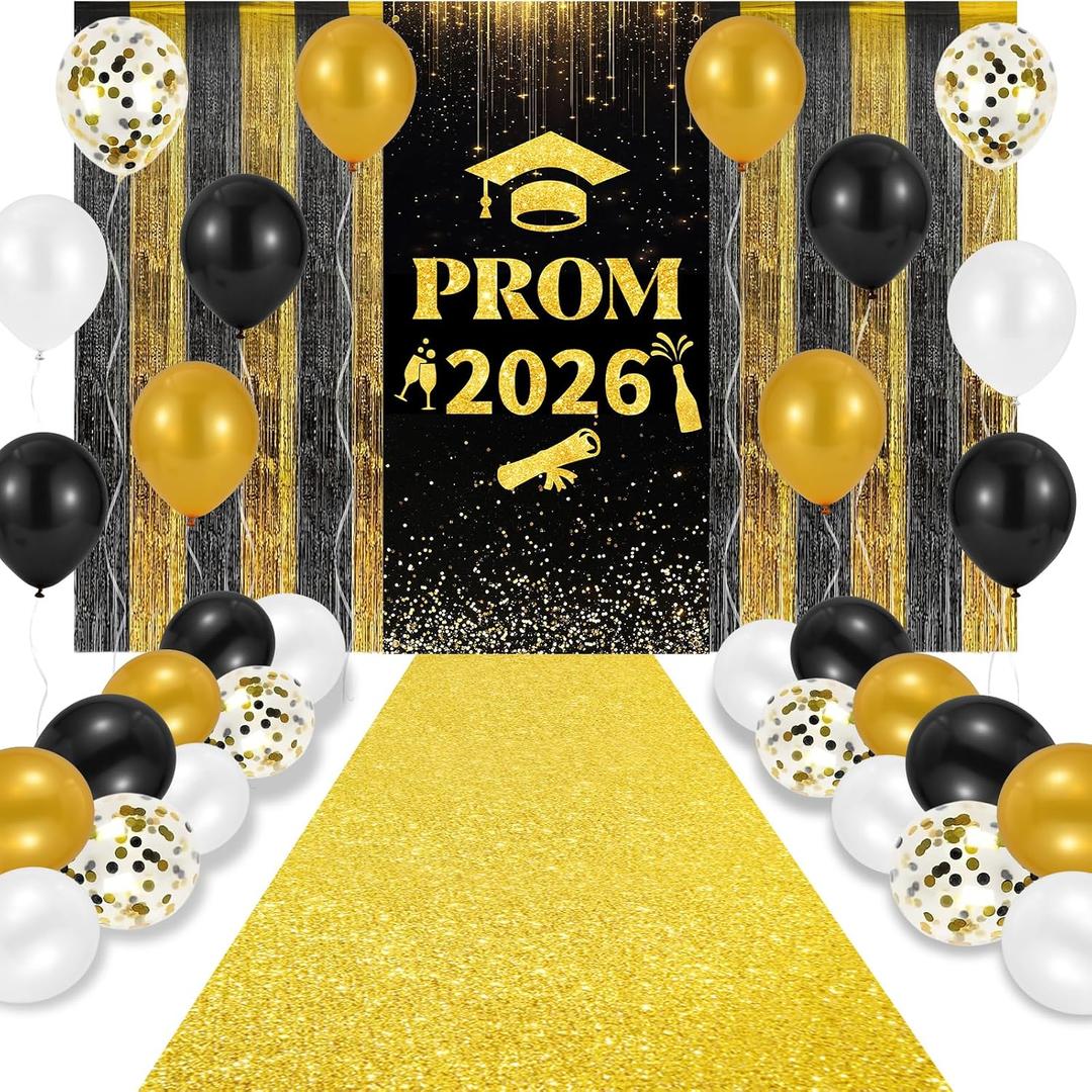 Prom 2026 Party Decorations Set,15 x 2ft Glitter Carpet Runner Runway Rug Prom 2026 Door Banner Tinsel Foil Fringe Curtains Balloons for Graduation Prom Decoration