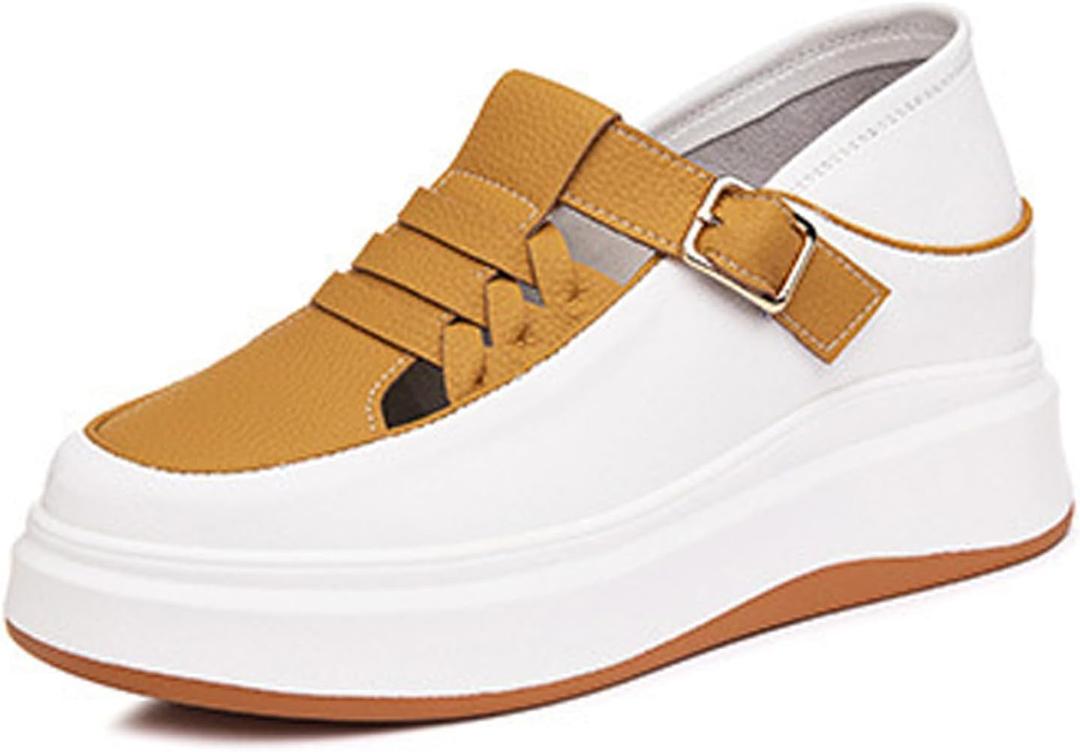 Women's Soft Leather Platform Height Increasing Sneakers,Fashion Hollow Woven Hook & Loop Breathable Round Toe Casual Walking Shoes Outdoor Comfortable Slip on Sandals (6, Yellow)