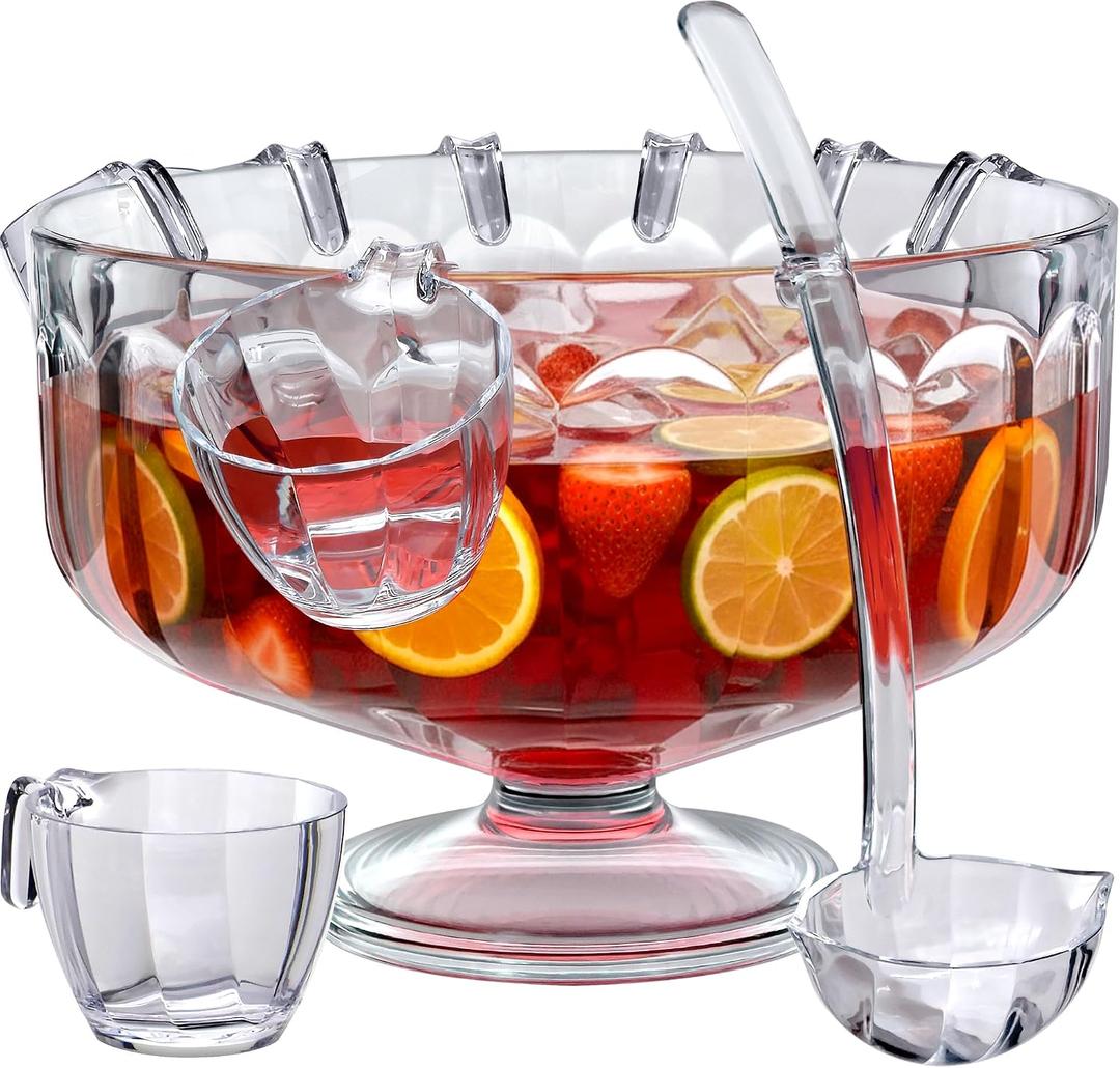 Amazing Abby - Paloma - Acrylic 2-Gallon Punch Bowl Set, Plastic Clear Punch Bowl with Ladle and 8 Cups, Beverage Server Set, BPA-Free, Shatter-Proof, Great for Wedding, Party, and Outdoor Hosting, Large