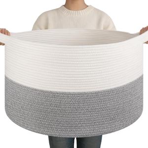 OIAHOMY 90L XXXLarge Blanket Basket for Living Room, 21.7" x 13.8" Woven Cotton Rope Laundry Basket for Organizing Pillows, Decorative Stuffed Animal Toy Storage Bin for Nursery, White and Light Grey