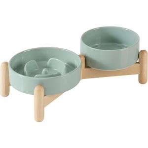 Ceramic 0.9 Cup Raised Slow Feeder Dog Bowl Set, Elevated 5.1inch Water Bowl and 6.1inch Puzzle Slow Pet Food Dish with Wooden Stand for Small Dog and Cat(2 x Light Green+ Stand)