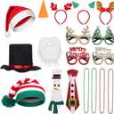 19 Pc Photo Booth Props - Christmas Party Set with Hats, Glasses, Headbands, Necklaces, Necktie, White Beard, Knit & Black Hats, Carrot Nose