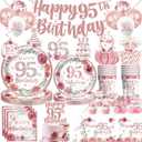 200pcs 95th Birthday Decorations, Fabulous 95th Birthday Plates and Napkins Set with Pre-threaded Banner Tablecloths and Cupcake Toppers Floral 95th Birthday Decorations Serve 25