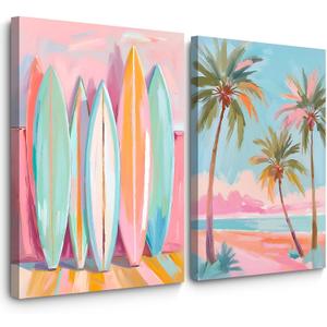 Pink Beach Wall Art Coastal Canvas Pictures Palm Tree Wall Decor Summer Surf Poster Pastel Ocean Painting Tropical Beachy Prints Preppy Aesthetic Artwork for Girl Room Bedroom 16x24 Inch Ready to Hang