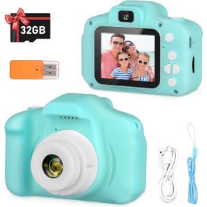 Kids Camera, HD Digital Video Camera, Childrens Toys for 3 4 5 6 7 8 9 Year Old Boys/Girls, Selfie Camera for Kids, Christmas Birthday Gifts with 32GB SD Card (Green)
