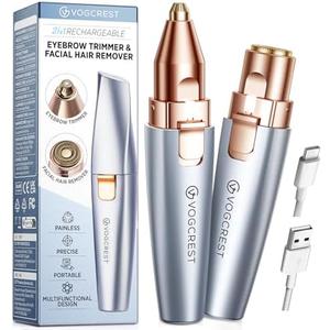 VG VOGCREST Eyebrow & Facial Trimmer: 2 in1 Rechargeable Facial Hair & Eyebrow Shaver - Painless LED Light (Sky Blue)