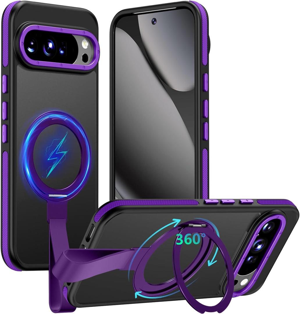 TIANNIUKE for Google Pixel 10 Pro XL Case 360Rotatable Magnetic Ring Holder Stand with Silicone Strap, Fit for MagSafe Mil-Grade Shockproof Translucent Matte Phone Case, Purple