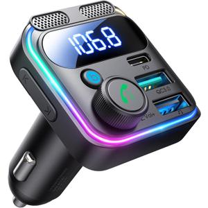 JOYROOM Bluetooth 5.3 FM Transmitter Car Adapter [Stronger Dual Mics & HiFi Deep Bass Sound] 48W PD & QC 3.0 USB C Car Charger Cigarette Lighter Adapter Hands-Free Calling Radio Support USB Drive (Black)