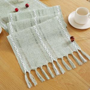 JIALE Table Runner, Rustic Farmhouse Table Runners with Tassels, Boho Cotton Linen Table Runner for Table Decorations, Holiday Party and Wedding, 48 Inches, Sage Green