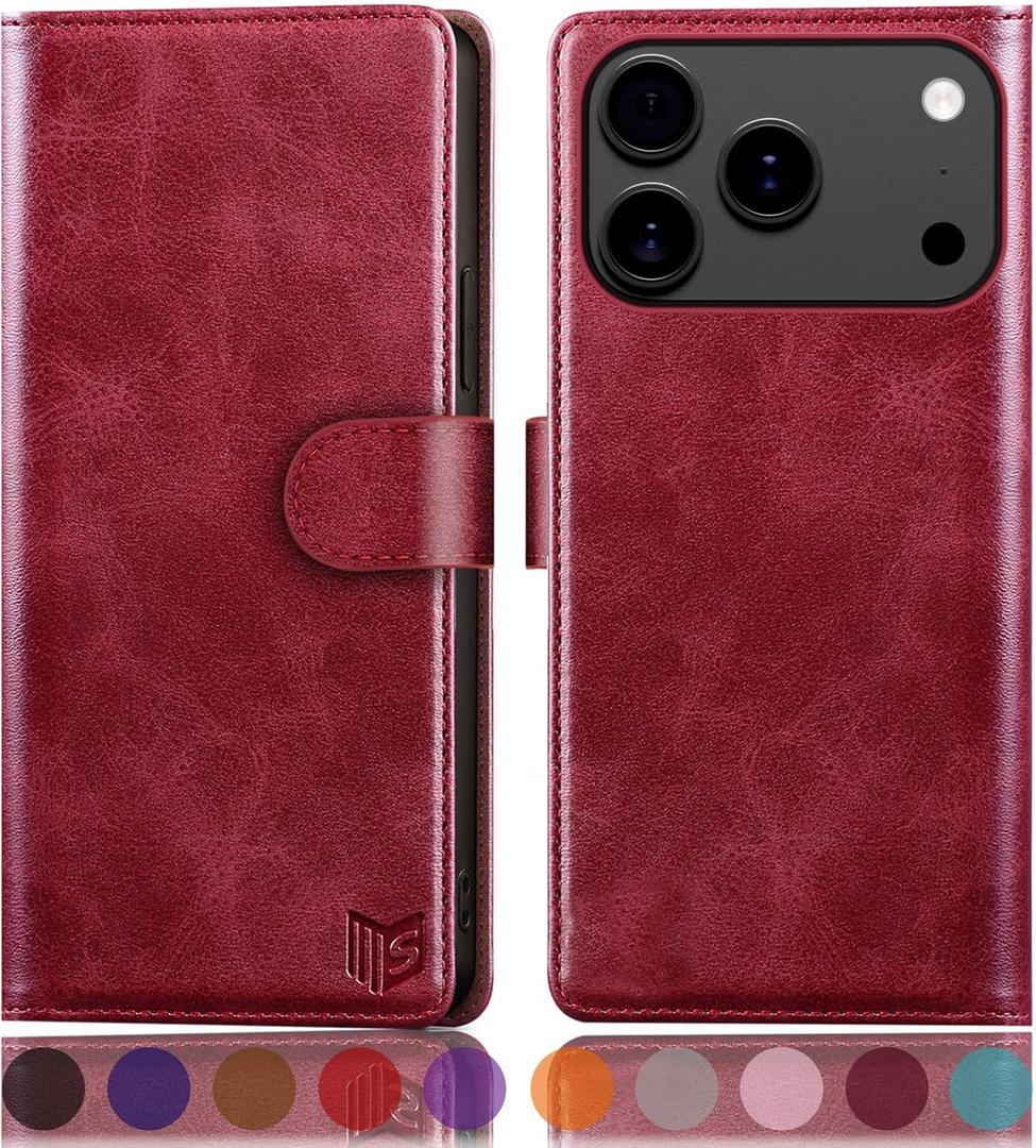 SUANPOT Compatible with iPhone 17 Pro 6.3" Wallet case with RFID Blocking Credit Card Holder,Flip Book PU Leather Protective Cover Women Men for Apple 17 Pro Phone case Red