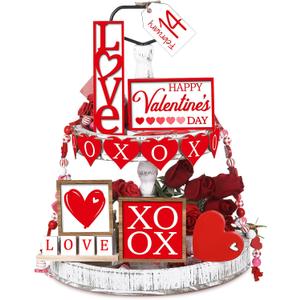Jetec 12 Pcs Valentines Day Decorations for Home Valentine's Day Tiered Tray Decor Set Heart XOXO Wooden Sign Rustic Farmhouse Decor Love Tiered Tray Decorative Signs for Home Table Party