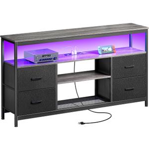 Huuger TV Stand Dresser with Power Outlets and LED Lights, 4 Drawers Entertainment Center with Shelves, 54in Media Console for 55 60 Inch TV, Dresser with PU Finish, Grey and Black